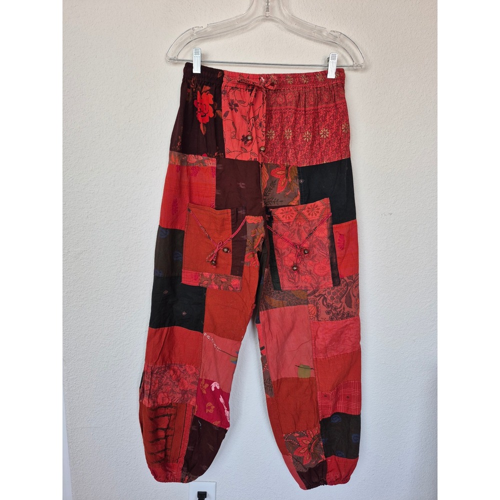 White Waves Red Patchwork Harem Pants Cotton Boho Floral Cargo Pocket India OS